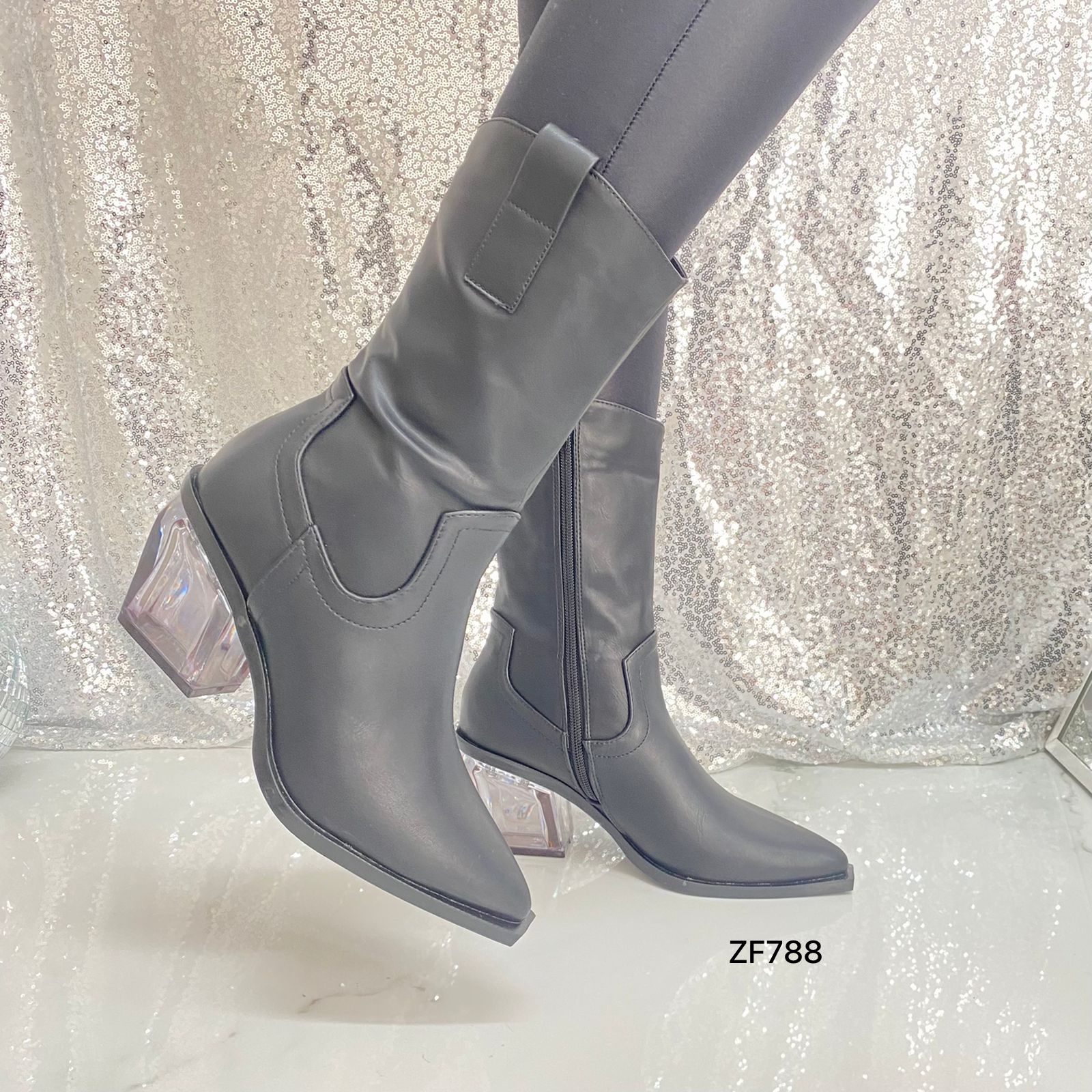 Botin negro tacon transparente 7cm NJS-01 C-49
